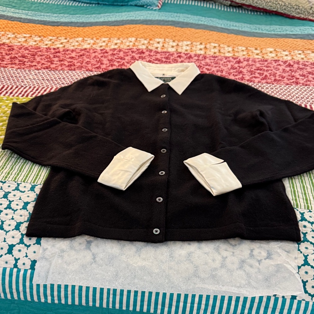 Lauren Ralph Lauren black button front sweater top with cream collar & cuffs